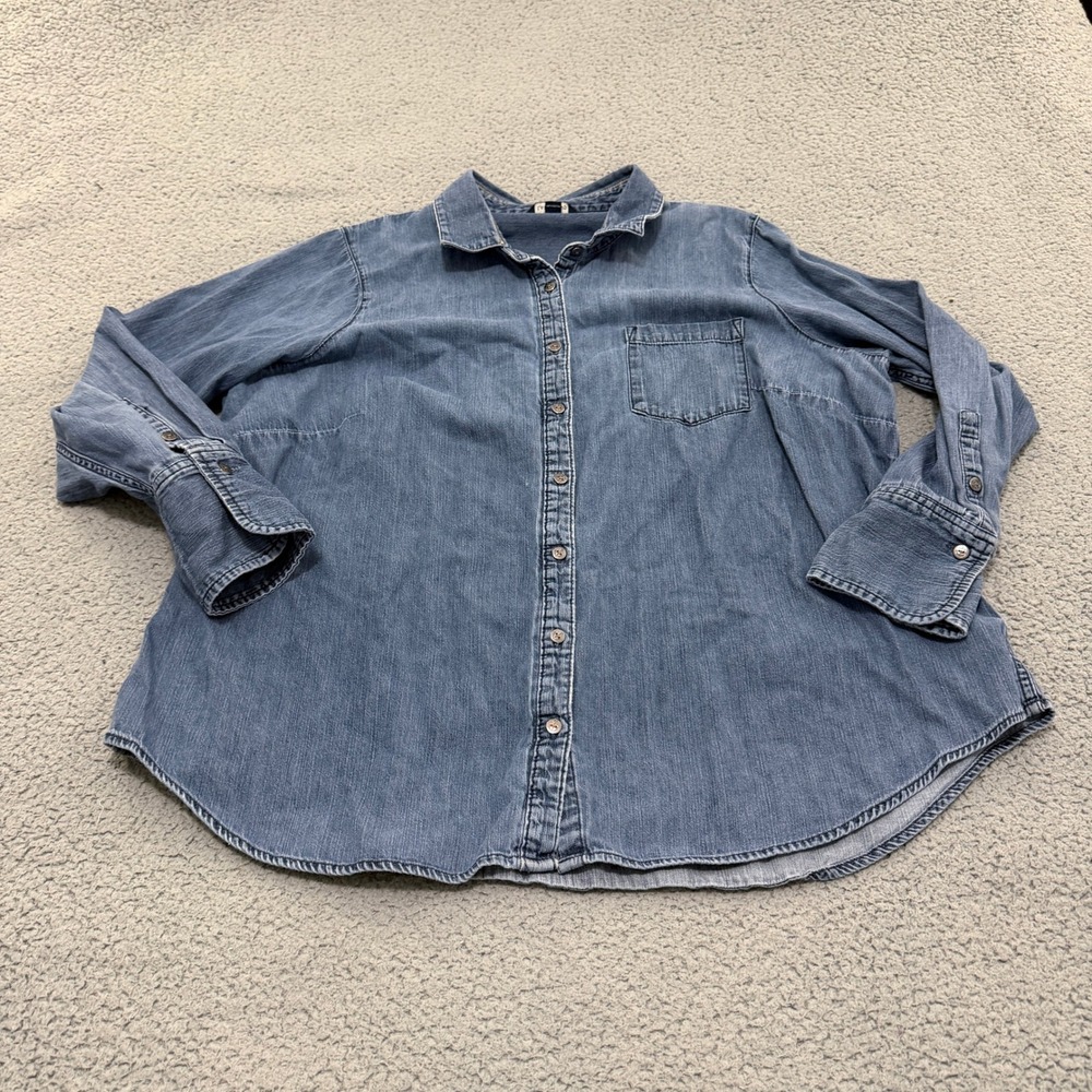 Lands End Denim Shirt Womens 22W Medium Wash Cotton Long Sleeve Anchor Buttons